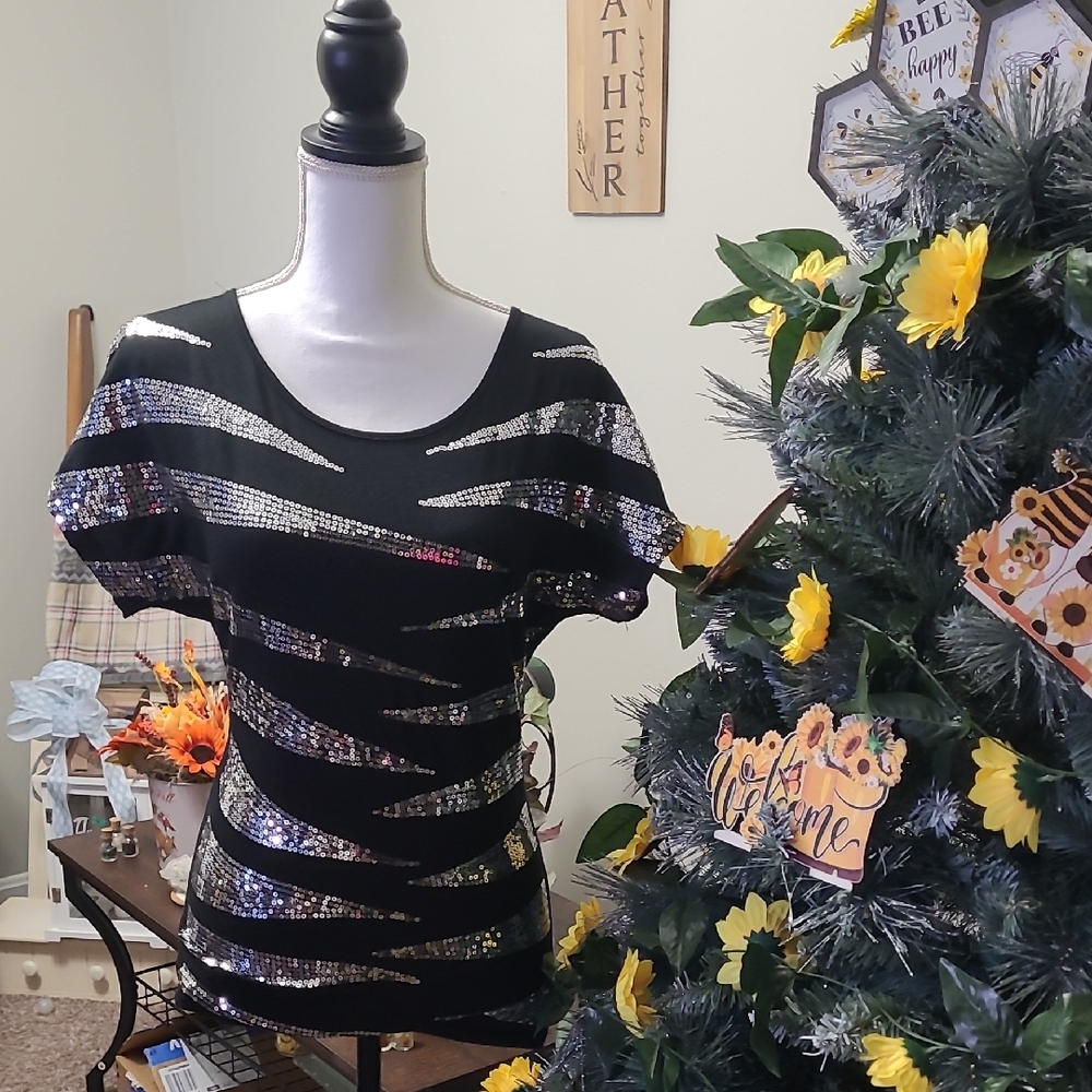 Poof! Black and Silver Sequin Short Sleeve Top